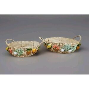 Vintage 2 Mid Century Round Nesting Wicker Baskets w/ Colorful Raffia Vegetables